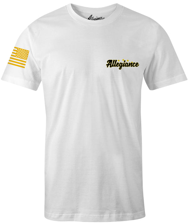 Front view of the white Death From Above Premium Tee with Allegiance chest logo and American flag sleeve print.