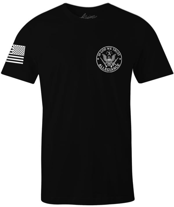 Black t-shirt with small chest print reading 'In God We Trust Allegiance' and American flag on right sleeve