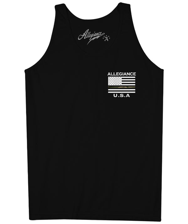 Front view of Camo Line Back Hit Tank Top with Allegiance U.S.A. chest flag graphic on black tank.
