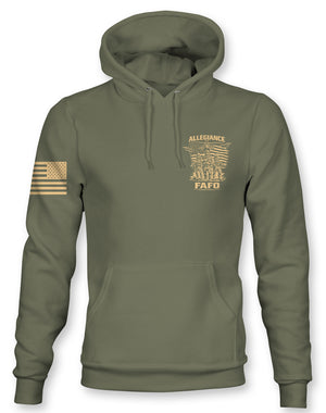 An olive green pullover hoodie with a tan graphic on the left chest showing an eagle and the text 'ALLEGIANCE AWAITS YOU FAFO' and a tan distressed American flag on the right sleeve, displayed on a clean white background.