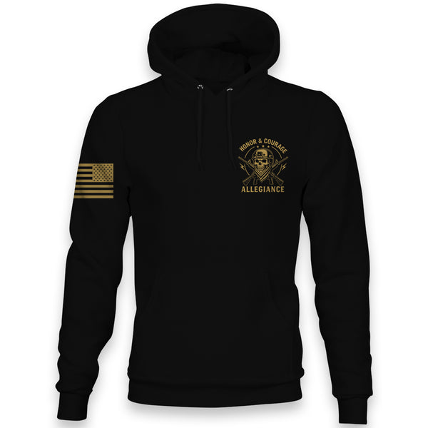 Front view of Honor & Courage Hoodie with gold tactical skull chest graphic and American flag sleeve print.