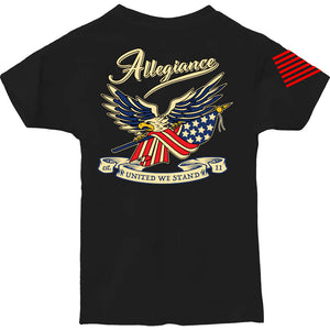 Back view of Loyalty Youth Tee featuring large soaring eagle holding the American flag with United We Stand banner