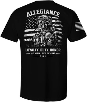 Allegiance No Man Left Tee back graphic featuring skull soldier with American flag and “Loyalty Duty Honor – No Man Left Behind” text