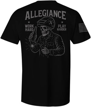 Back of Black Allegiance Play Harder Tee showing large skeleton welder artwork with the phrase Work Hard Play Harder and bold Allegiance text, with an American flag sleeve print.