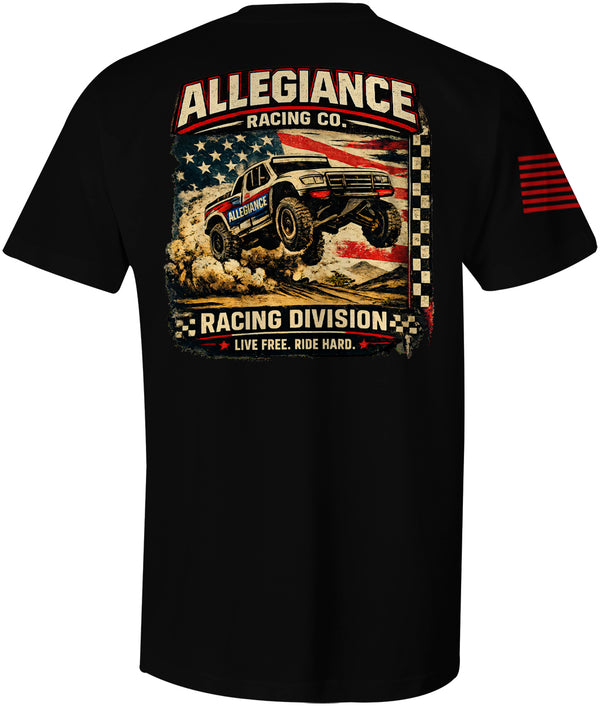 Racing Division Tee black featuring off-road truck jumping with American flag background