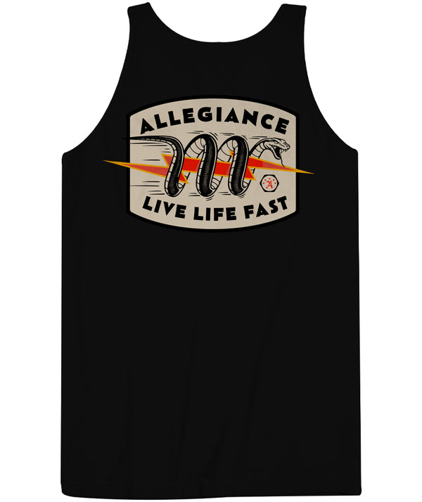 Back view of Snake Bite Tank featuring large coiled snake graphic with Live Life Fast text.